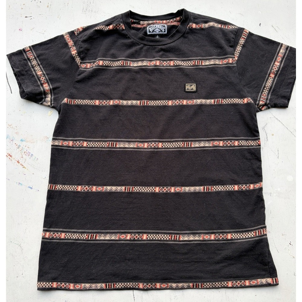 Men's Billabong T-Shirt Black Logo M Surf Beach Skate Striped Aussie BOHO Aztec